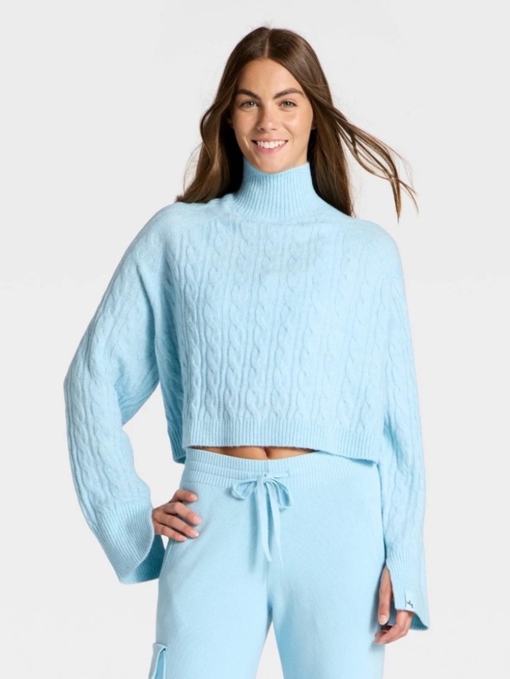 Women's Mock Neck Cable Knit Sweater - JoyLab™ Light Blue M